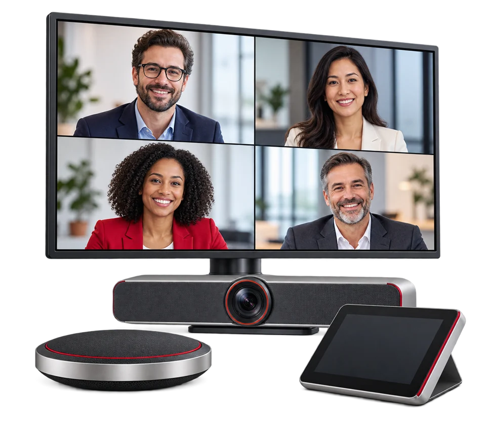 Video conferencing display, conference camera, speaker and meeting room control panel
