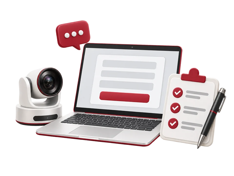 A quote form, a conference camera and a needs checklist